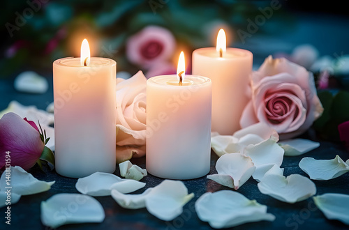 White candles with roses and flowers petals, funeral memorial, sympathy and condolences card, death notice. White roses, funeral flower.