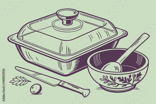 145 watercolor,kitchen still life,glass casserole dish,ceramic bowl,wooden utensils,purple and green color palette,detailed textured brushstrokes,realistic,high detail