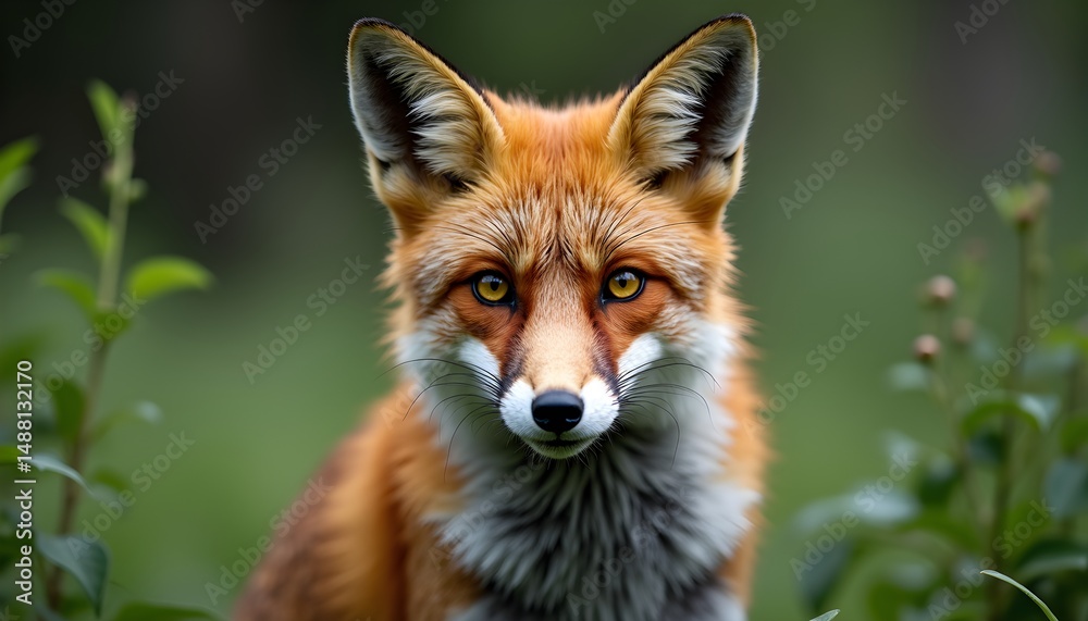 Fototapeta premium A close-up of a fox's face surrounded by greenery