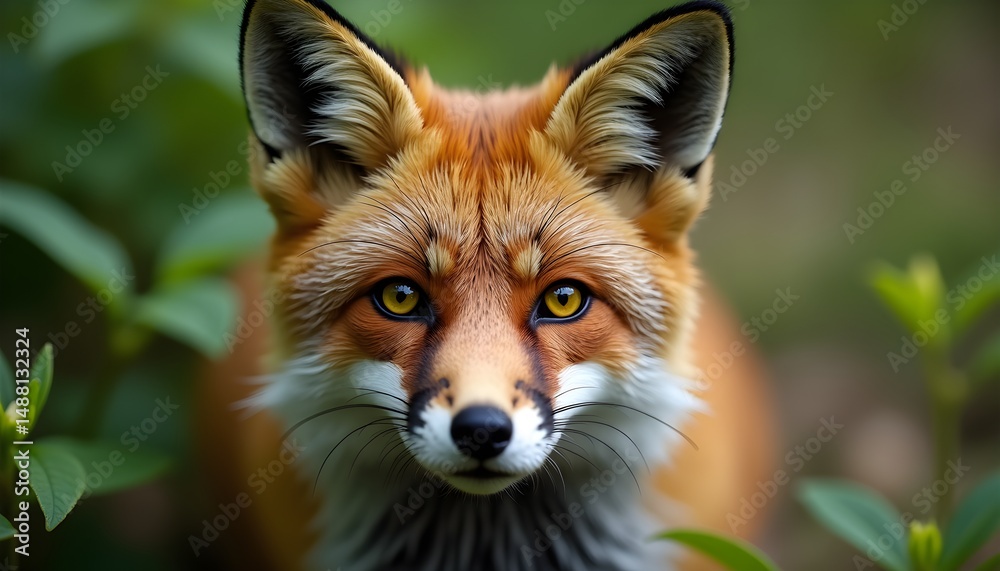 Obraz premium A close-up of a fox's face surrounded by green foliage