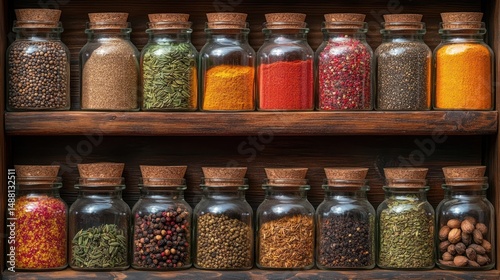 Vintage spice jars on wooden shelves