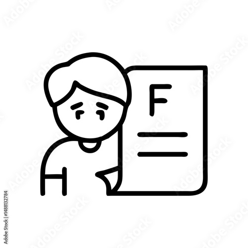 Teen boy looking sadly at F grade on paper against plain white background