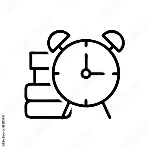 Alarm clock and heavy books icon in black and white style, symbolizing academic stress