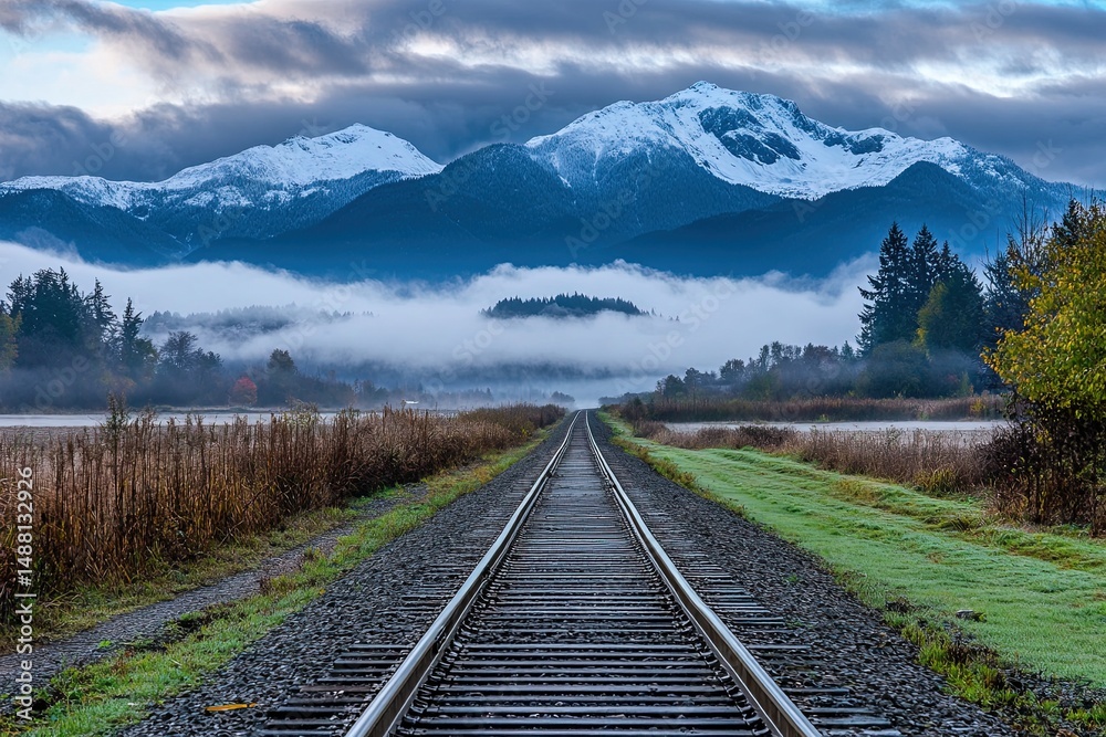 Fototapeta premium Lonely Train Tracks Through Foggy Field Leading