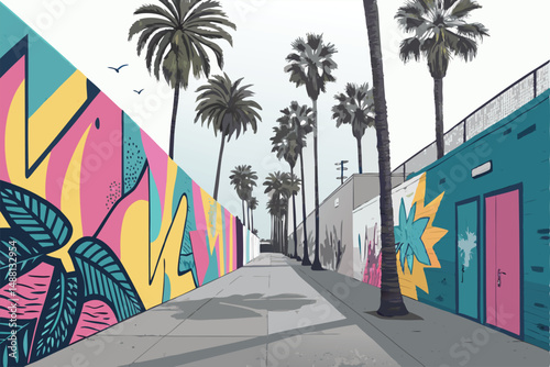 Vibrant Los Angeles street art alleyway showcasing colorful graffiti murals, discarded spray paint cans, and artistic details.