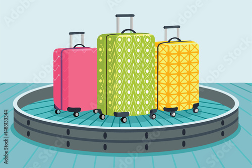 A vibrant, fast-spinning luggage carousel overflowing with diverse patterned suitcases;  bright lighting highlights the swirling bags.