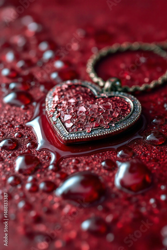 Heart pendant on wet red background