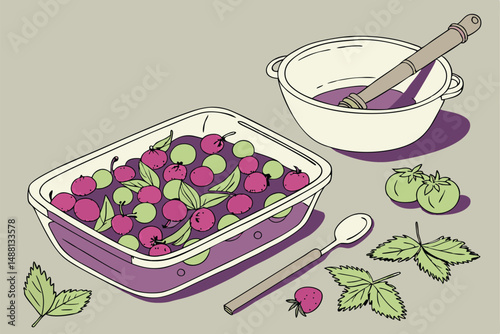145 watercolor,kitchen still life,glass casserole dish,ceramic bowl,wooden utensils,purple and green color palette,detailed textured brushstrokes,realistic,high detail