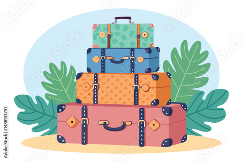 Quirky composition of stacked luggage adorned with diverse global travel stickers, showcasing a playful, adventurous spirit.