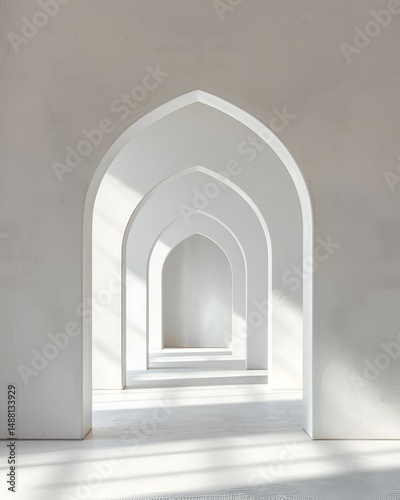 White studio wall with subtle Islamic arch shadow, soft natural lighting, minimal architectural background 