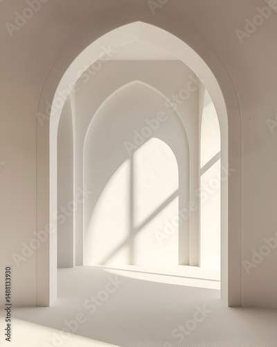 White studio wall with subtle Islamic arch shadow, soft natural lighting, minimal architectural background 