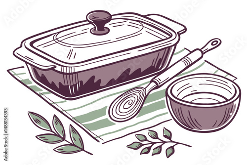 145 watercolor,kitchen still life,glass casserole dish,ceramic bowl,wooden utensils,purple and green color palette,detailed textured brushstrokes,realistic,high detail