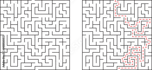 Complex labyrinth maze with solution shown in dotted red lines on white background