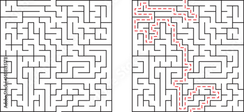 Complex black and white maze puzzle with solved path illustrated in red lines