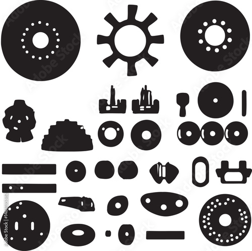 Black and White Silhouette Vector Graphic of Mechanical Parts and Components: Gears, Wheels, Fasteners, and Industrial Elements for Design Projects
