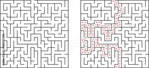 Complex maze with solution illustrating problem solving and pathfinding in a graphic