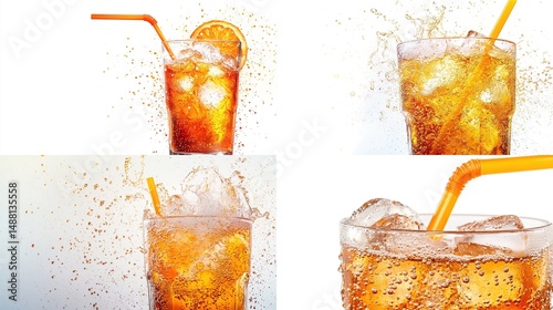 Four cocktail glasses filled with ice, orange slices, and an orange straw, splashed.
