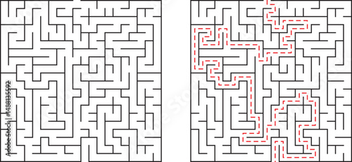 A complex black and white maze puzzle with a red path showing the solution route