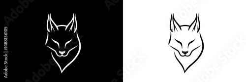Minimalistic Illustration Of A Smiling Fox Head In White Against A Black Background