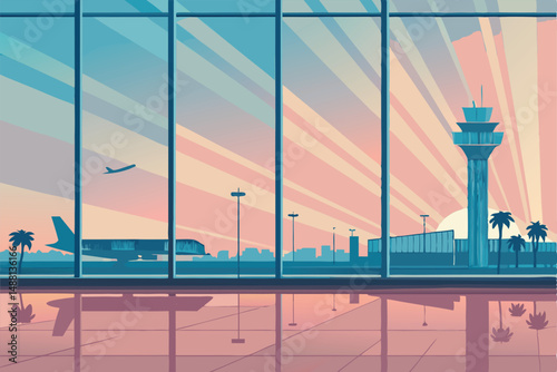 A vibrant, early morning airport scene featuring gleaming glass walls reflecting the sunrise and bustling passengers.