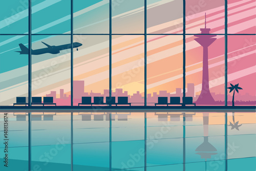 A vibrant, sunlit morning airport scene; glass walls reflecting bustling activity, passengers, and aircraft.  Show detailed reflections.