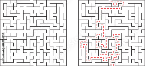 Two square mazes one unsolved and another with a dashed red line highlighting the solution path