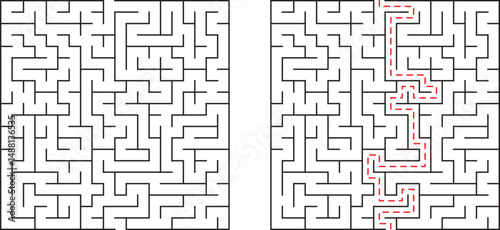 A black and white maze with red path illustrating problem solving and solutions