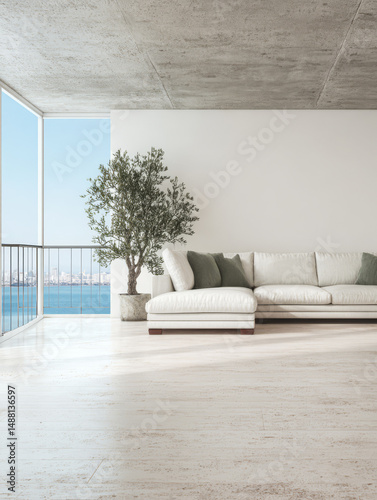 Modern living room with coastal view featuring a white sofa and potted plant