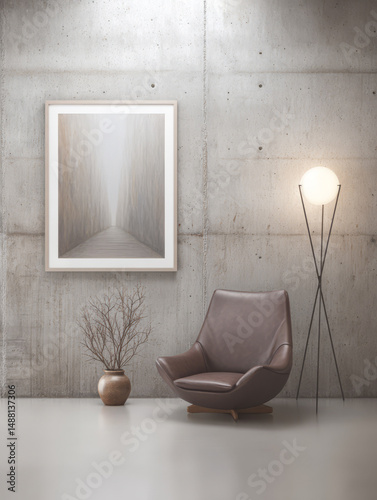 Modern minimalist living space features an elegant chair and art in a serene atmosphere