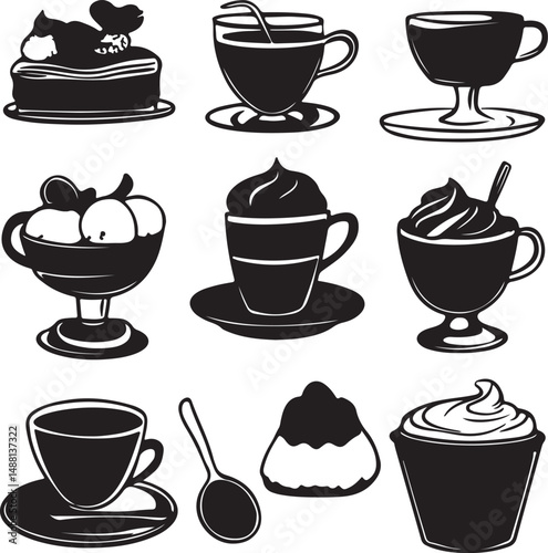 Black and White Vector Illustration of Coffee, Tea, and Dessert Clipart: Cups, Cakes, Ice Cream, and Spoon Graphics for Design Projects