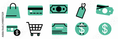 Modern vector shopping icons with payment elements – Great for financial technology branding, digital wallets, or online marketplaces