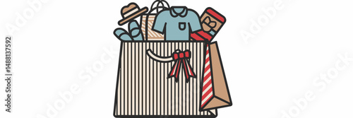 Shopping bag filled with clothes, accessories, and ribbon – Ideal for retail promotions or e-commerce branding