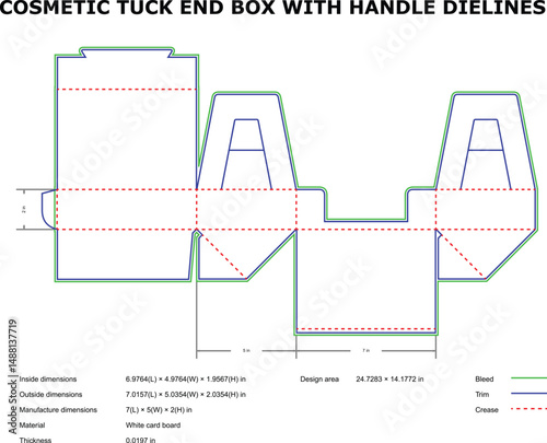 Detailed cosmetic tuck end box template with handle design and die lines vector illustration