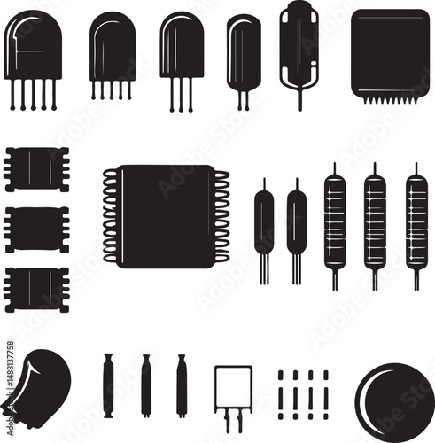Black and White Vector Illustration of Electronic Components: Diodes, Resistors, Transistors, Capacitors, and Integrated Circuits for Design