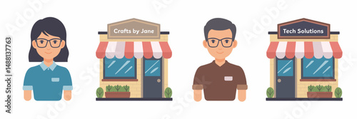 Vector icons of small shop owners in front of stores – Great for business identity design, entrepreneur features, or local commerce content