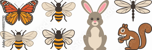 Vector sheet of butterfly, bee with hive, bunny, squirrel with nut, and dragonfly – Perfect for seasonal children’s media, spring decor, or animal-themed graphics