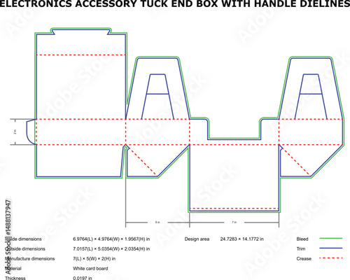 Detailed schematic of electronics accessory tuck end box packaging with handle and dielines