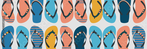 Vector flip-flop icon sheet with patterns, solids, and decorative charms – Great for seasonal marketing, fashion graphics, or summer promotional materials