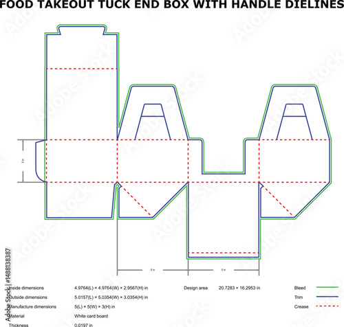 Flat die cut template of a takeout tuck end box with handle for packaging design