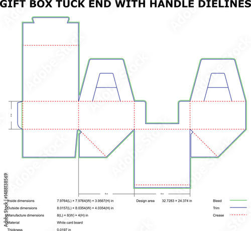 Gift box tuck end packaging template with handle and detailed dimensions for printing