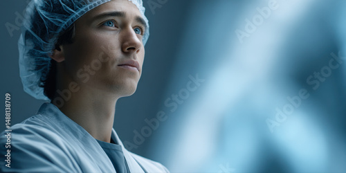 Young engineer wearing clean lab coat and hairnet looks thoughtfully into distance in sterile, blue toned laboratory environment