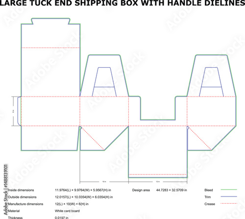 Detailed die-cut template of a large tuck end shipping box with handle cutouts design.