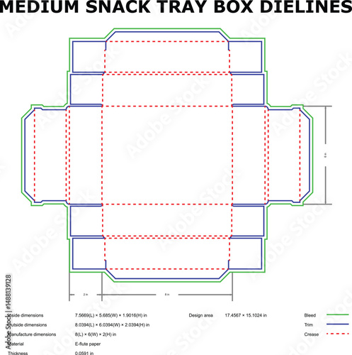Medium snack tray box die lines template for packaging design with dimensions shown