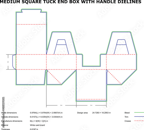 Detailed diagram of a medium square tuck end box with handle and crease lines
