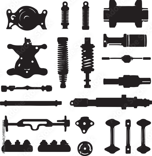 Black and White Silhouette Vector Illustration of Car Parts: Shocks, Axles, Suspension, and Other Auto Components for Automotive Design