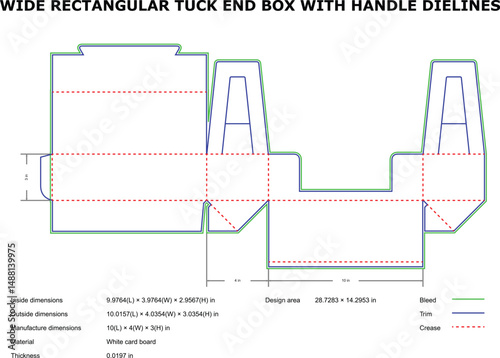 Detailed packaging design template for a wide rectangular tuck end box with handle outlines