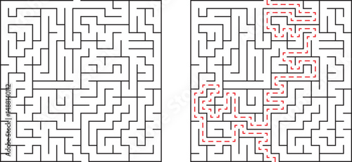 Maze challenge a solution and path through a complex black and white labyrinth puzzle
