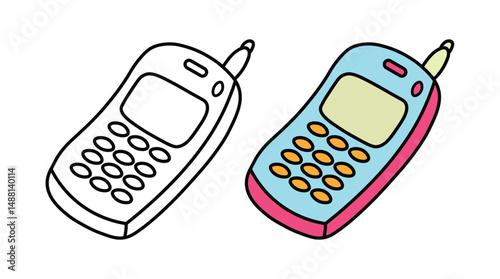 90S Cell Phone, Cute & Groovy Coloring Pages, Bold Easy Coloring Pages, Retro Western, hand-drawn Art, flat design illustration, Vector illustration,