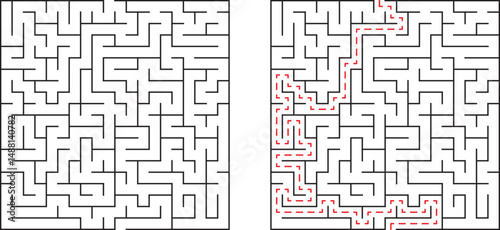 Complex black and white maze with the solution marked in a dotted red line