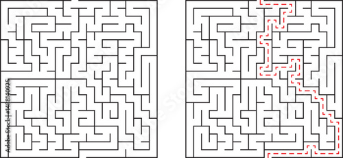 A square maze with the correct solution highlighted in red dashed lines on white background
